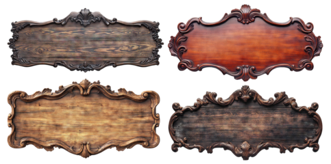 Set of ornate vintage wooden signboards with intricate carved details, isolated on transparent cutout background