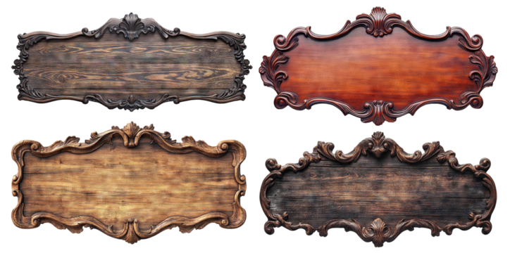 Set of ornate vintage wooden signboards with intricate carved details, isolated on transparent cutout background