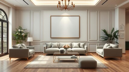 Spacious living room interior with wall art mockup on canvas, design, mockup, interior