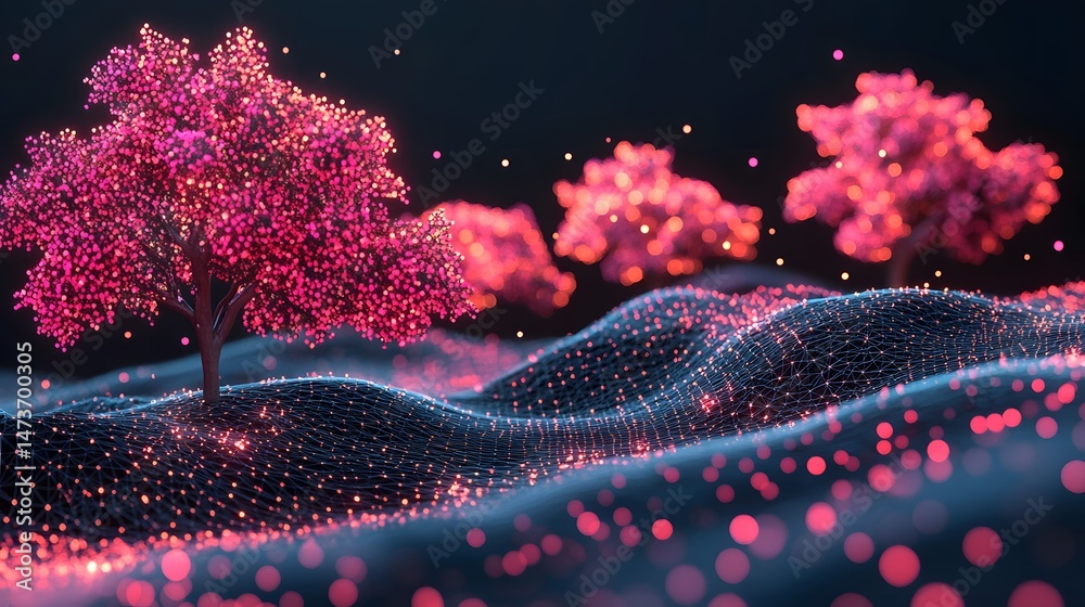 Aufkleber Enchanting scene of luminous pink trees on a blue mesh ground. Digital landscape of glowing networks and bokeh lights against a dark backdrop. Abstract wireframe in dark blue.