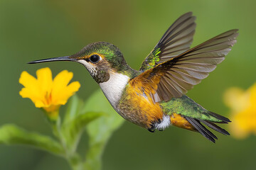 Obraz premium A vibrant hummingbird hovers above a bright yellow flower, showcasing its dazzling feathers in a lush green environment.