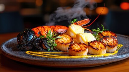 Shellfish display of chef's platter with scallops, lobster tail, black tiger prawns, ceramic plate, herb garnishes, golden lighting, table perspective view