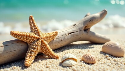 Sun-bleached driftwood, seashells, starfish on sand, summer, sky, seaside