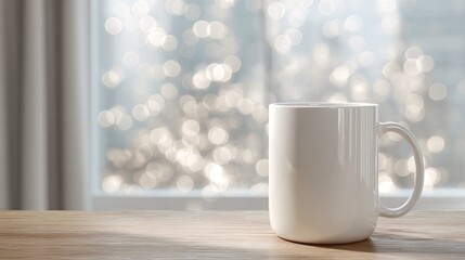 a cozy setting with a large white coffee mug placed on a table