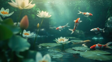 Fototapeta premium Koi fish swimming among white water lilies in a tranquil pond. Sunlight filters through the water, illuminating the aquatic plants and fish.
