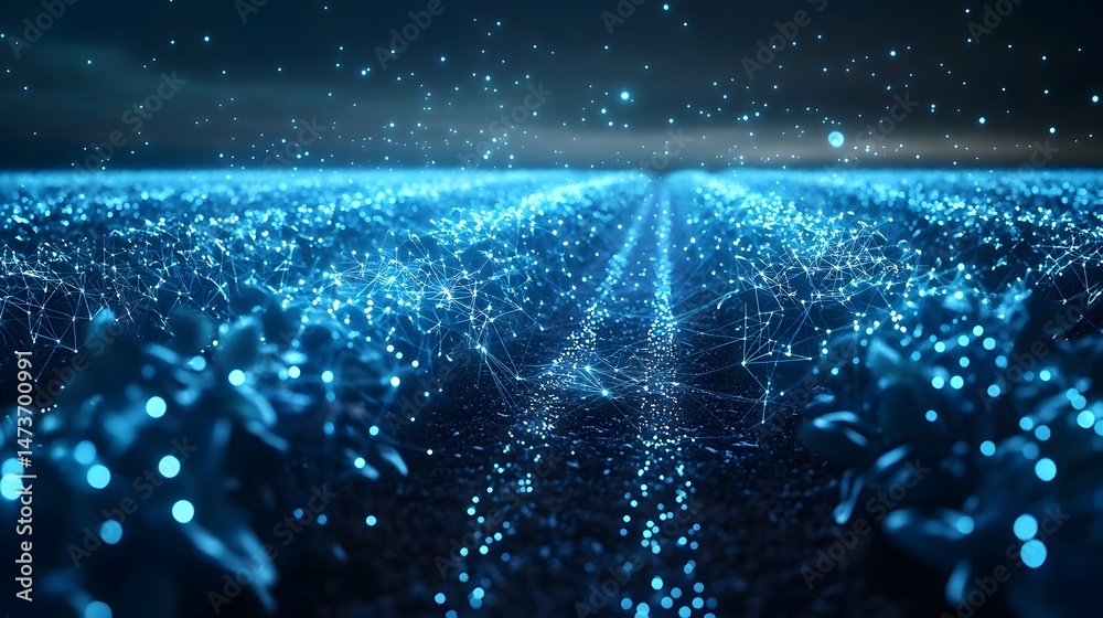 Leinwandbilder vast digital landscape featuring a luminescent blue network of interconnected nodes and lines. blurr