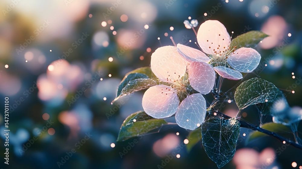 Poster digitally rendered blossoms and leaves are artfully overlaid with a geometric wireframe, set against
