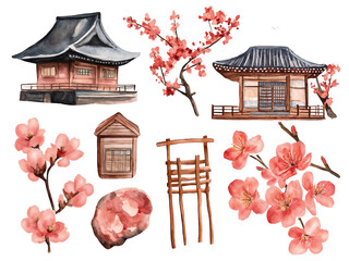 Cottagecore clipart. Traditional Japanese house surrounded by cherry trees  in springtime with wooden features and stone details. 