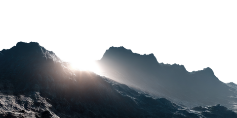 Picturesque mountains with sun rising behind peaks, isolated on transparent cutout background