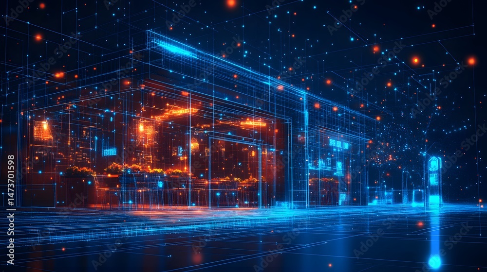 Aufkleber futuristic cityscape glows with blue and orange lights. digital architecture shimmers, creating a hi