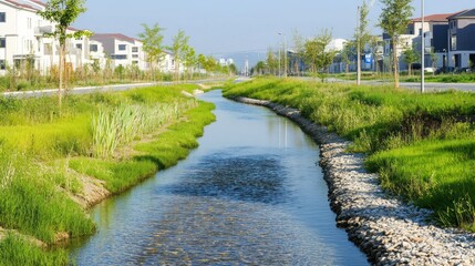 Fototapeta premium Urban waterway with landscaped banks