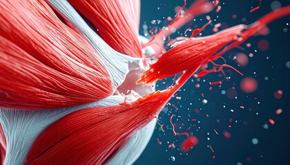 Detailed 3D rendering of a torn muscle showcasing injury and anatomical structure with a blue background and dynamic muscle fiber fragmentation