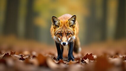 Red Fox Stalking Through Autumn Leaves