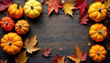 Warm autumn leaves, gourds, and wheat stalks on rustic wood , corn, thanksgiving, pumpkin