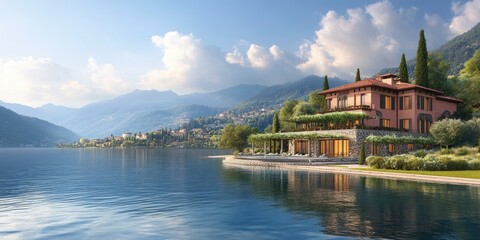 Fototapeta premium Italian villa built in Mediterranean style with stone and terracotta tones, situated right beside Lake