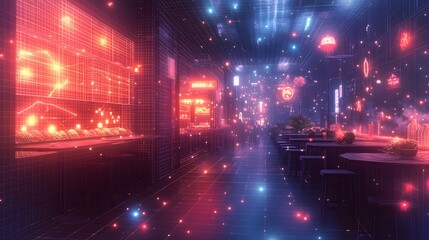 Futuristic restaurant interior with red and blue neon lights, wireframe details, and tiled floor. A cyberpunk vibe with bar, dining area, and cityscape backdrop. Abstract wireframe in dark blue.