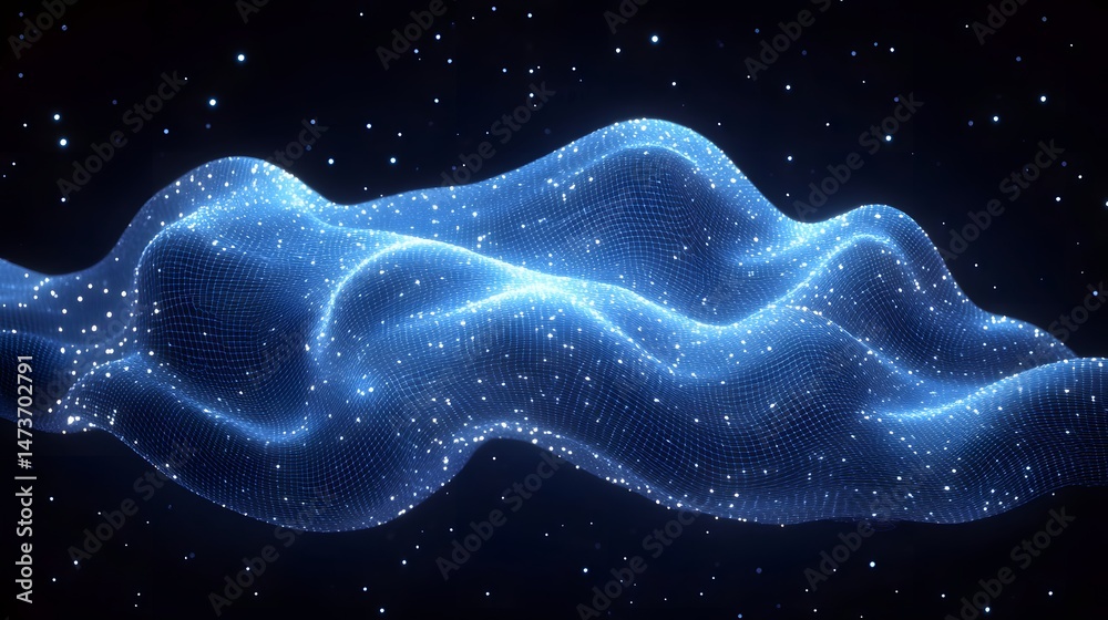 Poster A luminous blue grid undulates against the dark. Shining dots mark intersections, creating depth and a vast digital landscape. Abstract wireframe in dark blue.