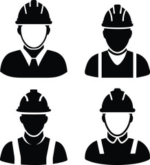 Construction Worker Icon Set. Hard Hat Silhouettes Vector Collection