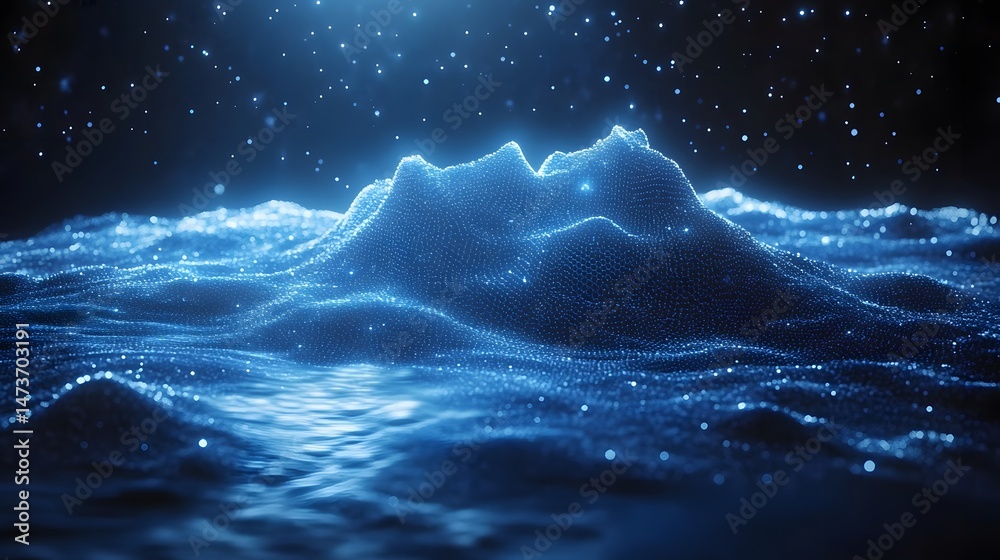 Poster ethereal digital landscape with crystalline mountains of interconnected blue dots reflected in rippl