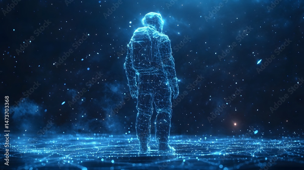 Poster a luminous astronaut wireframe gazes into the digital expanse, standing on a virtual platform amidst