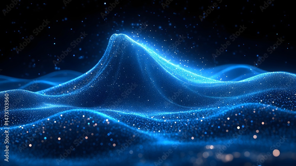 Poster Dynamic abstract landscape with shimmering blue particles forming wave-like structures. Scattered lights add depth, creating a mesmerizing, flowing effect. Abstract wireframe in dark blue