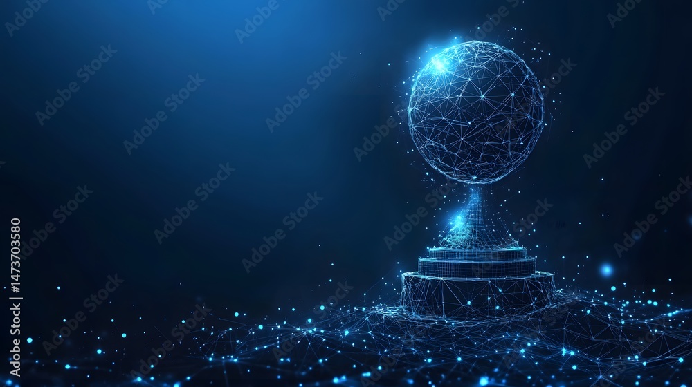 Aufkleber Futuristic digital design showcasing a glowing globe with interconnected lines, atop a tiered structure. Luminous particles enhance the high-tech feel. Abstract wireframe in dark blue.