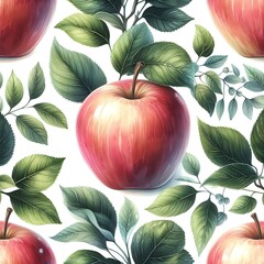 Obraz premium Watercolor-Inspired Seamless Apple Fruit Pattern – Realistic Botanical Design for Use in Wrapping Paper, Wallpaper, and Stationery