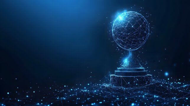 Futuristic digital design showcasing a glowing globe with interconnected lines, atop a tiered structure. Luminous particles enhance the high-tech feel. Abstract wireframe in dark blue.
