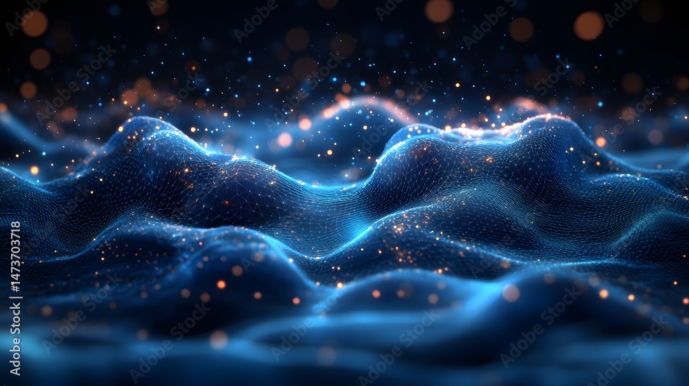 Aufkleber Futuristic topographical landscape with a blue grid network and glowing particles. Orange and blue bokeh lights create depth. Abstract wireframe in dark blue.