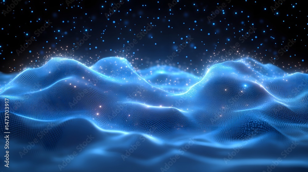 Poster a serene landscape unfolds with blue and white dots forming hills bathed in soft blue light. the dot