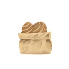 French baguettes wrapped in paper bag illustration isolated. Realistic illustration of baked French baguettes neatly placed in eco kraft paper bags against. Bake element design decorative hand drawn