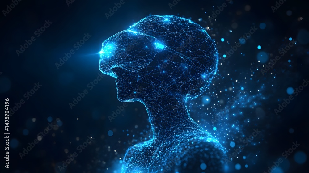Poster Immerse yourself in a digital world! A stylized VR user, interconnected in cyberspace. Witness the future of AI and virtual reality experience. Abstract wireframe in dark blue.