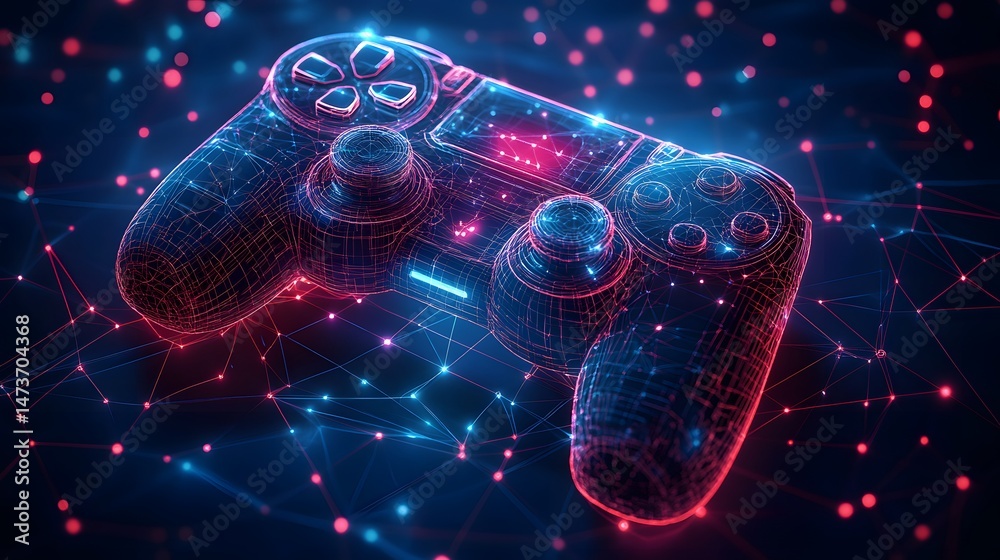 Poster Futuristic gaming controller design, a glowing wireframe with vibrant blue and pink accents. The abstract network creates a high-tech feel, perfect for gaming visuals. Abstract wireframe in dark blue