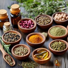 Fototapeta premium Assorted healthy food supplements and herbs displayed on a rustic wooden surface