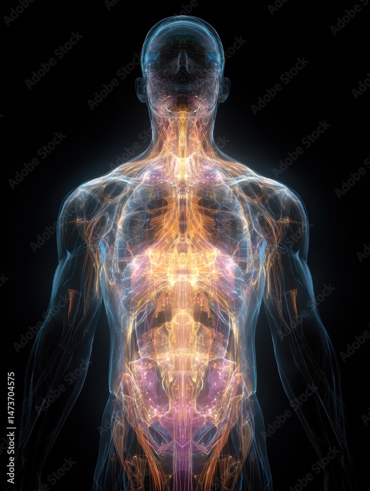 Poster artistic glowing anatomy overlay with center fade-out displaying human body silhouette in radiant hu