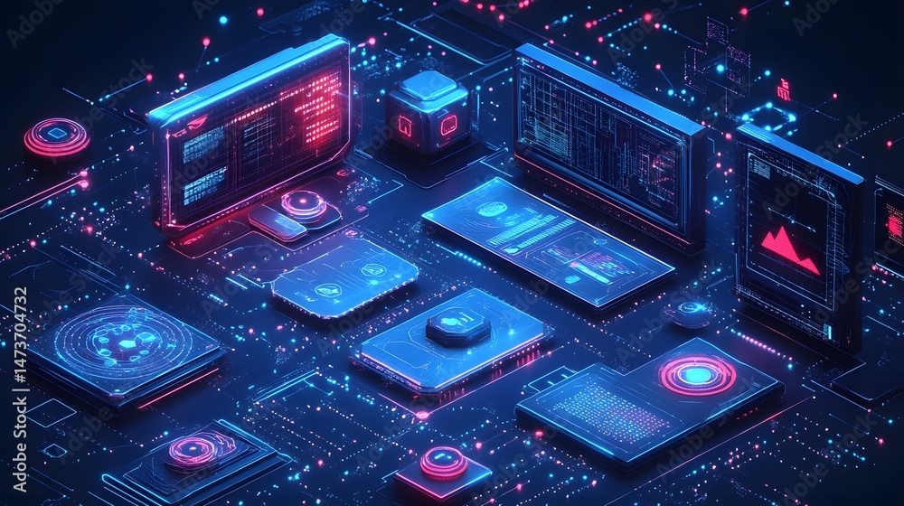 Poster Futuristic tech showcases complex data visualizations on neon-lit screens. Tablets display intricate symbols, forming an interconnected network. Abstract wireframe in dark blue.