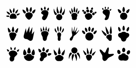 Fototapeta premium High contrast animal paw and footprint illustrations arranged in a horizontal sequence for identification