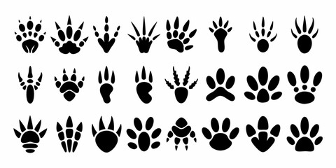 Fototapeta premium Black animal tracks icon set showcasing different paw print shapes of wild forest and domestic creatures