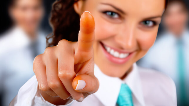 Smiling businesswoman pointing her index finger towards the viewer, symbolizing choice or recruitment.