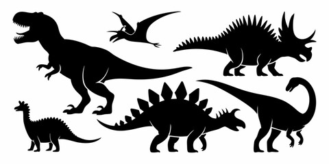 Collection of dinosaur silhouettes in black showing flying and walking species in bold graphic style