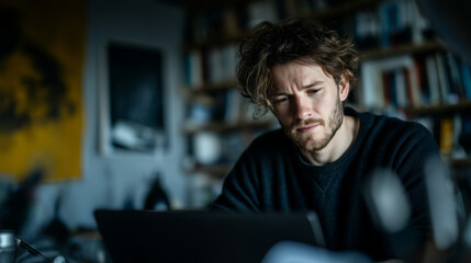 A male student in online learning session, seated at a tidy study table