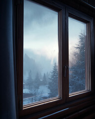 A window with a view of a snowy mountain