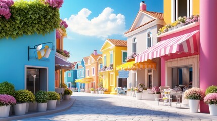 Colorful European Street with Vibrant Buildings and Flower Pots