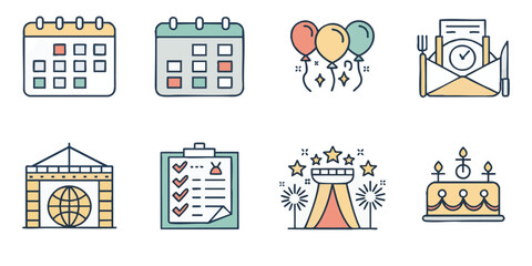 Flat Geometric Style Vector Icons of Event Planning Items: Calendar, RSVP, Venue, Catering, and More