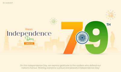 Happy Independence Day India Banner and Greeting Card. 15 August- 79th Independence Day of India Background with Text and Ashoka Chakra