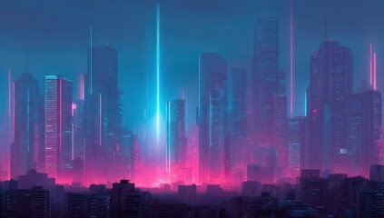 Obraz premium City full of skyscrapers with pink and blue neon lights, creating a futuristic urban vibe.