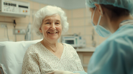 Fototapeta premium Happy elderly woman sitting on examination table during visit to female doctor in hospital.