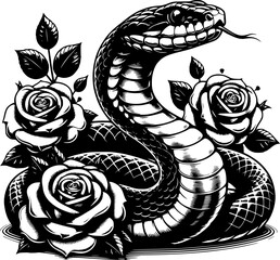 Snake With Flowers Silhouette Illustration, Vector Art