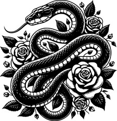 Snake With Flowers Silhouette Illustration, Vector Art