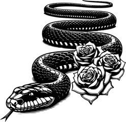 Snake With Flowers Silhouette Illustration, Vector Art